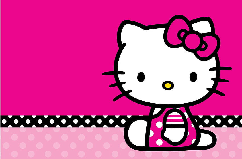 Hello Kitty sitting on a pink polka-dot background with a black-and-white dotted ribbon, wearing a pink bow and dress.