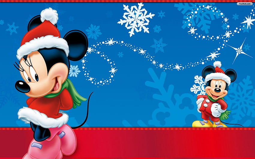 Minnie and Mickey Mouse in festive Santa outfits with snowflakes on a blue holiday background.