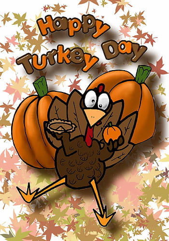 Cartoon turkey holding pie and pumpkin amid autumn leaves with "Happy Turkey Day" text.