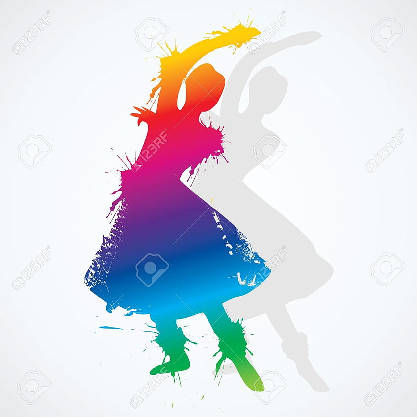 Vibrant rainbow-splashed silhouette of a dancing woman with dynamic pose and shadow overlay.