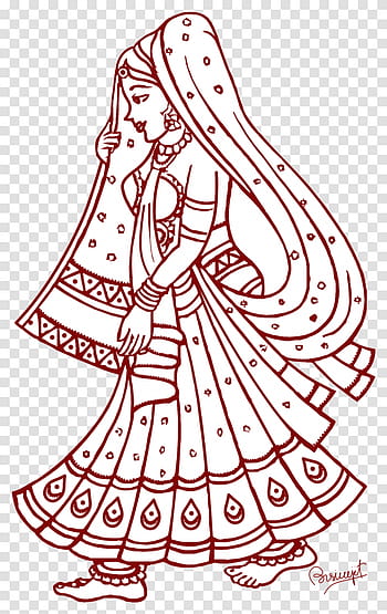 Traditional Indian woman in red-line art, wearing lehenga, dupatta, and jewelry, walking gracefully with a modest pose.