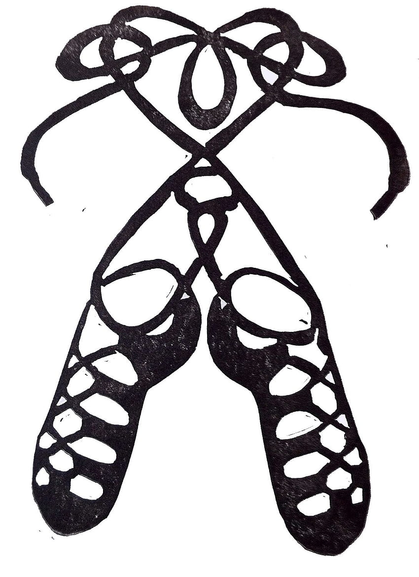 Black-and-white stylized illustration of crossed ballet pointe shoes with ribbons tied in a decorative bow above.