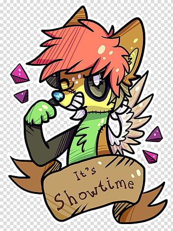 A stylized anthropomorphic fox with spiky orange hair, green gloves, and angel wings, flexing while holding a banner that reads "It's Showtime".