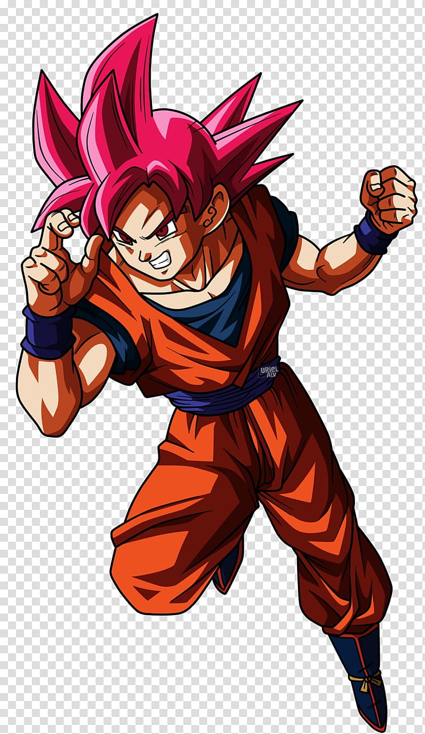 Goku in Super Saiyan God form, pink spiky hair, orange gi, battle-ready pose with clenched fists.