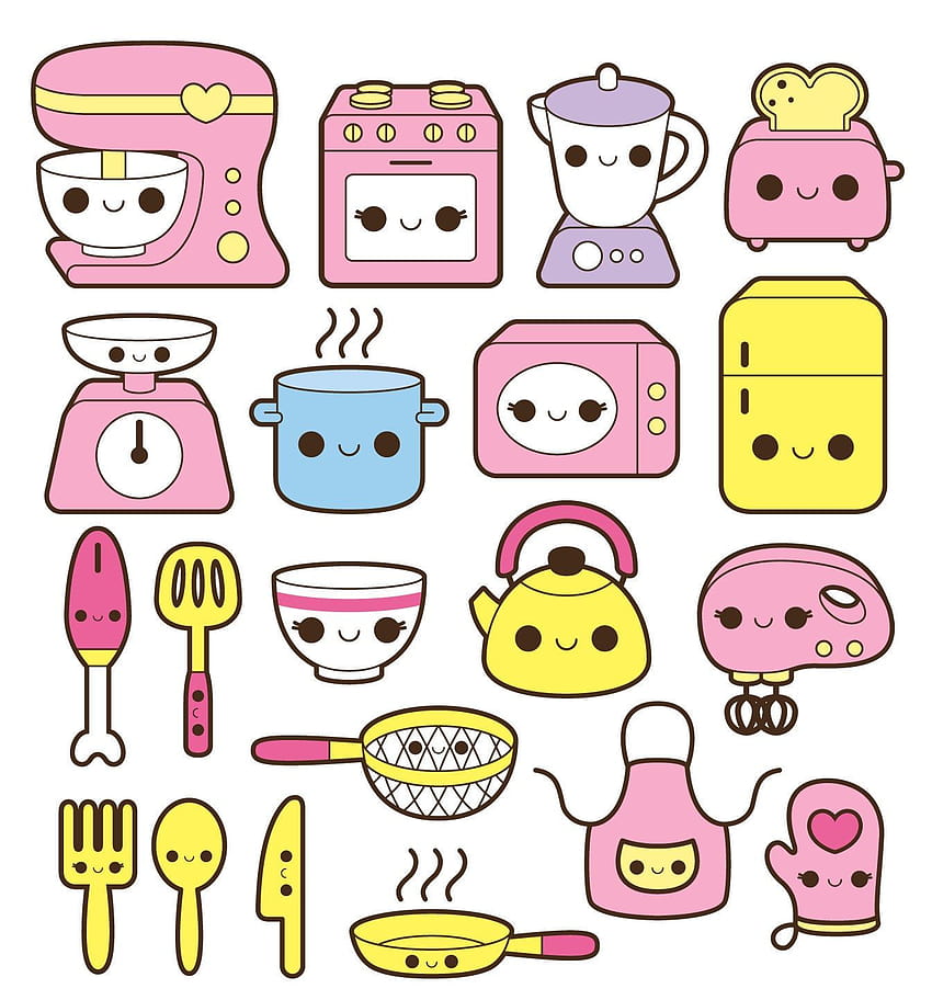 Cute kawaii-style kitchen appliances and utensils with smiling faces in pastel colors.