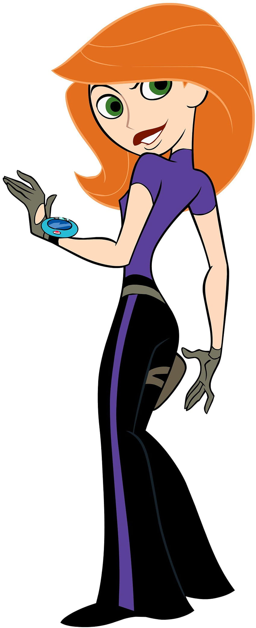 Kim Possible in her iconic purple and black suit, holding her Kimmunicator with a confident smile.