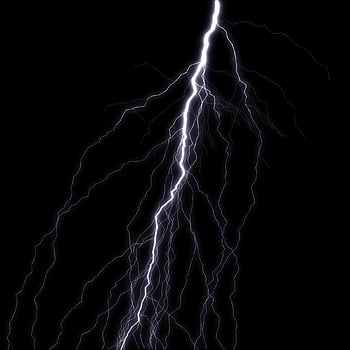 A dramatic white lightning bolt forks downward against a pitch-black sky, illuminating intricate branching patterns.
