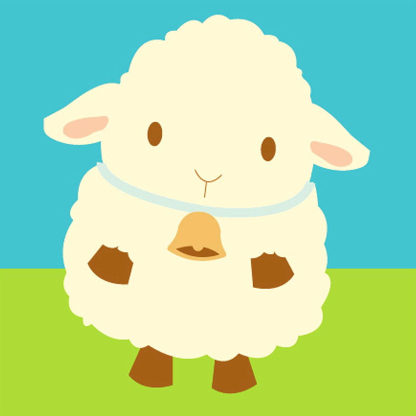 Cute cartoon lamb with a bell around its neck, standing on green grass against a blue sky.