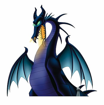 A majestic dark blue dragon with glowing green eyes, sharp horns, and outstretched wings, depicted in classic Disney animation style.