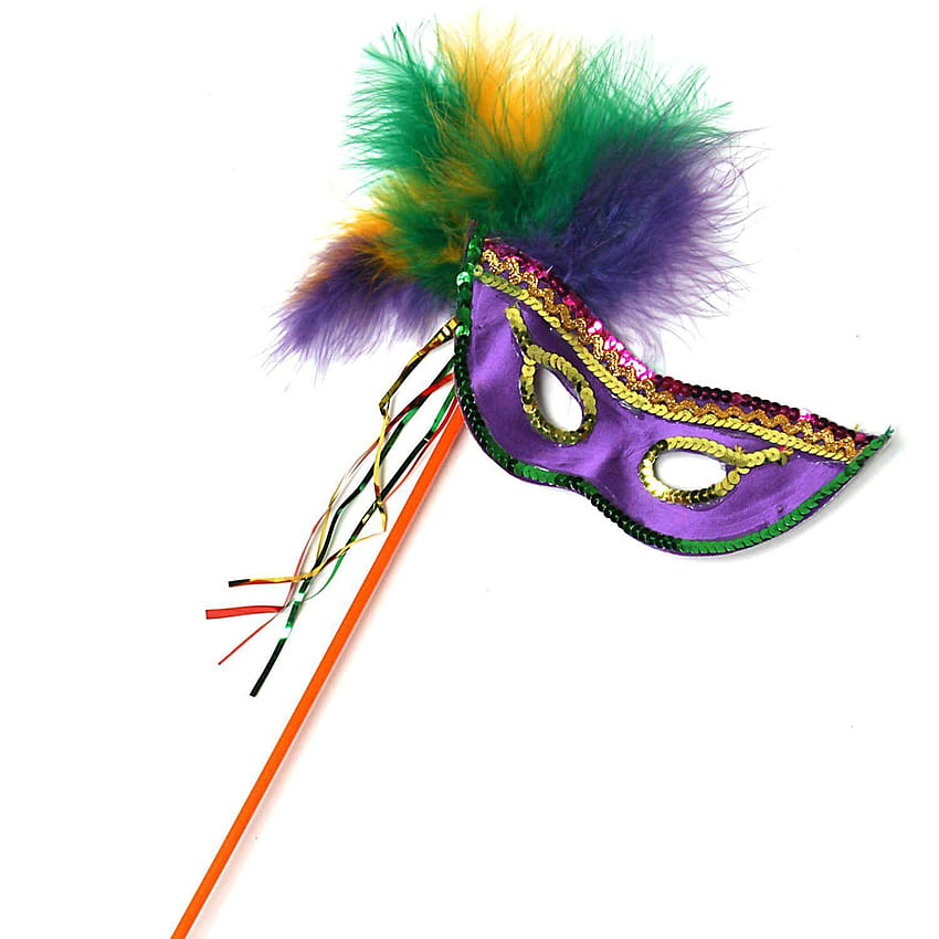Purple Mardi Gras mask on stick with green, gold, and purple feathers and sequin trim.