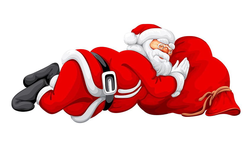 Santa Claus sleeping peacefully while hugging a large red gift sack, wearing his classic red suit and hat.