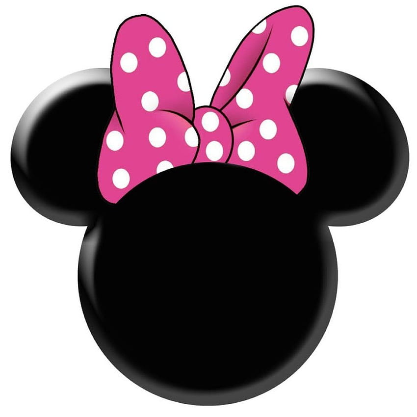 Minnie Mouse iconic black head with pink polka-dot bow on white background.