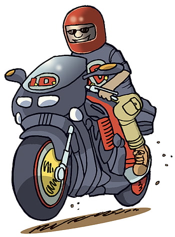Cartoon biker in red helmet riding a sporty gray motorcycle with "I.D." logo, kicking up dust.