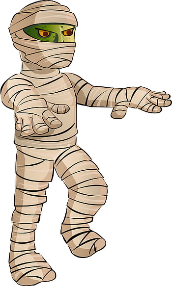 Cartoon mummy with green face and glowing orange eyes, wrapped in beige bandages, arms outstretched in a spooky pose.