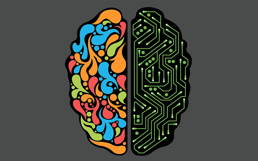 Split brain illustration: left side colorful organic patterns, right side green circuit board design on dark gray background.