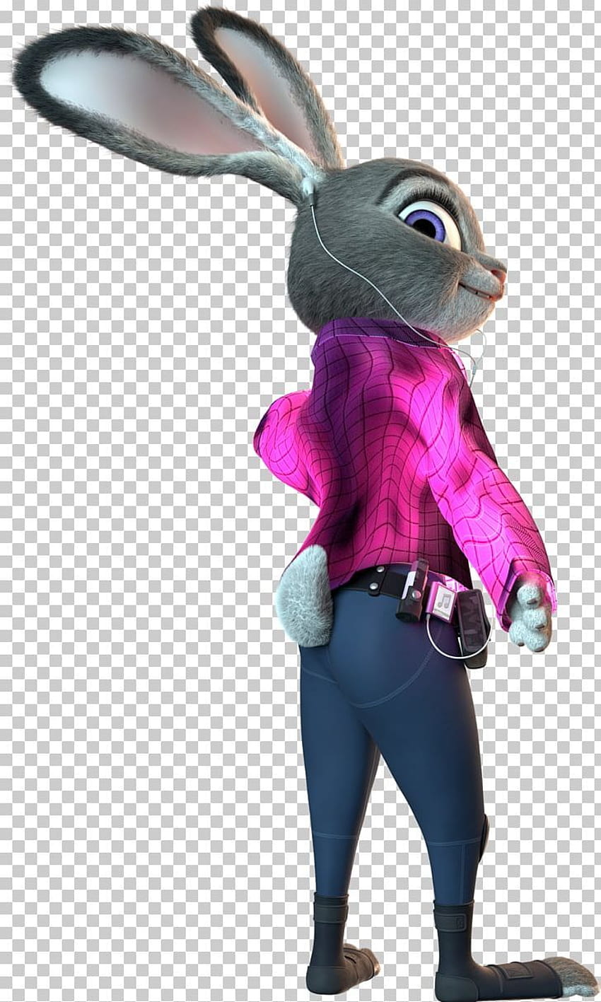 Judy Hopps from Zootopia wearing a pink jacket, blue pants, and earphones, viewed from behind with a confident pose.