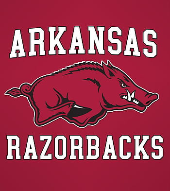 Arkansas Razorbacks logo featuring a charging wild boar on maroon background with bold white text.