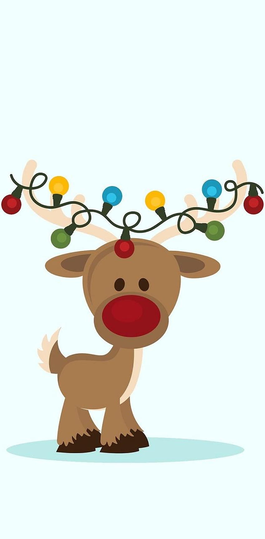 Cute cartoon reindeer with colorful Christmas lights tangled in its antlers and a bright red nose.