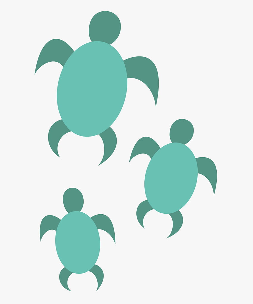 Three stylized sea turtles in teal and green swimming together on a light background.