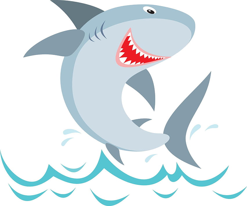Cartoon shark leaping from blue waves with open mouth showing sharp red teeth.