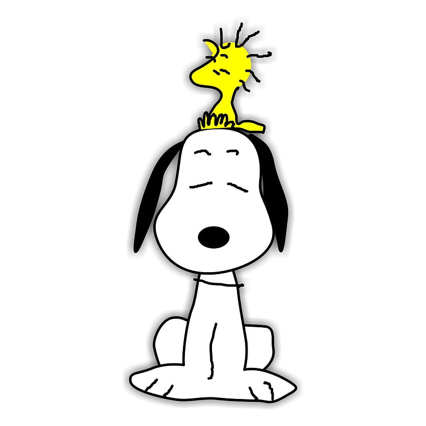 Snoopy sitting calmly with Woodstock perched on his head, eyes closed in peaceful contentment.