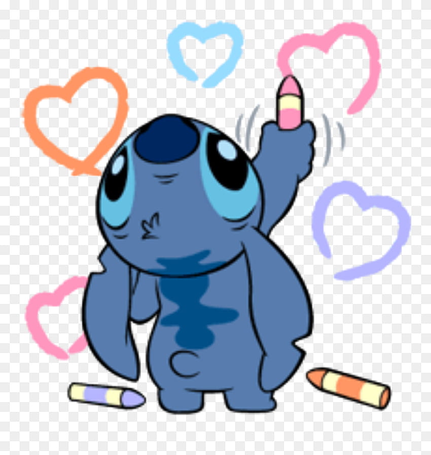 Stitch drawing colorful hearts with crayons, surrounded by floating heart outlines.