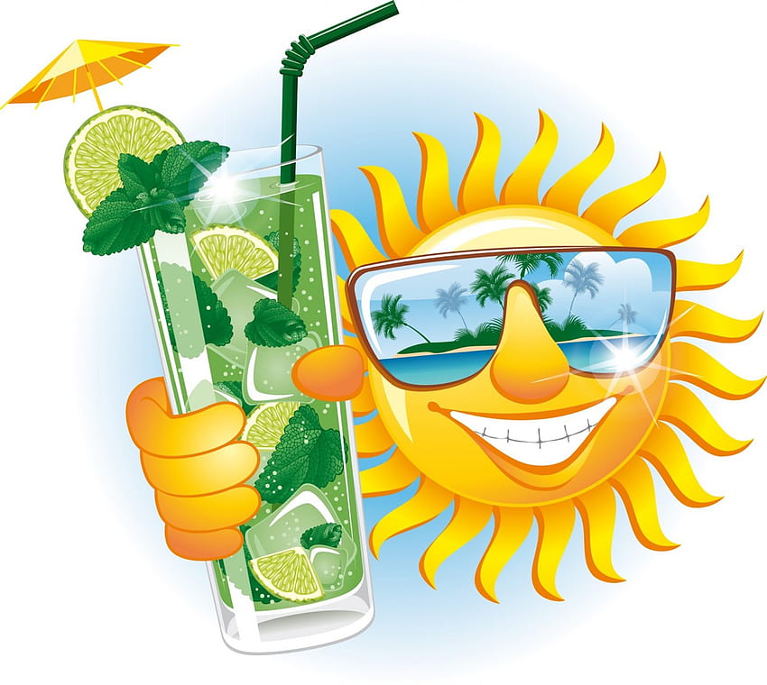 Smiling sun wearing sunglasses holding a refreshing lime-mint cocktail with umbrella garnish.