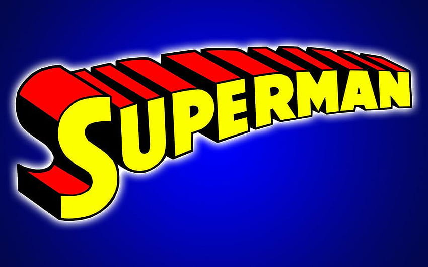 Classic Superman logo with bold yellow text, red 3D outline, and blue background.