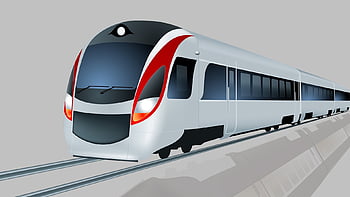 Modern high-speed train with sleek silver and red design on elevated tracks.
