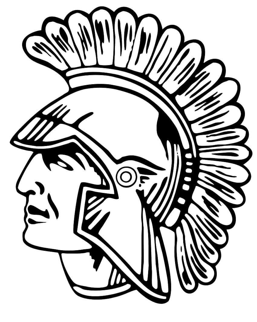 Black-and-white line art of a Native American warrior in profile wearing a feathered headdress and ornate helmet.