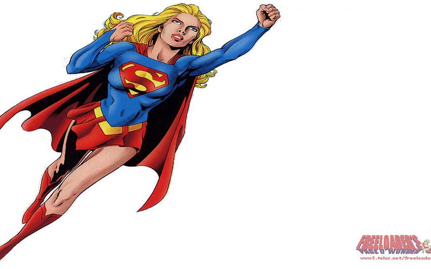 Supergirl flying dynamically in classic blue and red costume with flowing cape and determined expression.