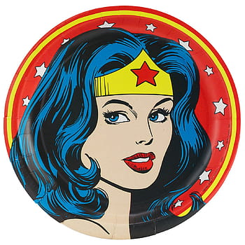 Pop-art style Wonder Woman illustration on a red, yellow, and white paper plate with star motifs.