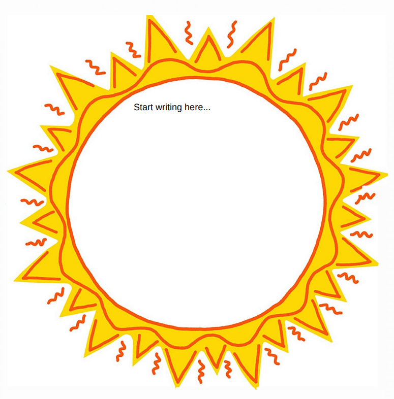 Hand-drawn sun illustration with yellow rays, orange outline, and wavy heat lines, center space for writing.