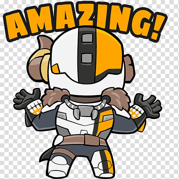 Chibi-style armored character with orange-and-white helmet, fur-lined shoulders, and "AMAZING!" text above.