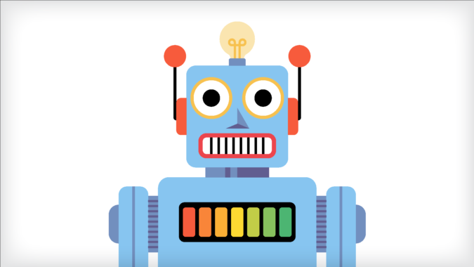 Friendly blue robot with lightbulb head, big eyes, and colorful status bar on chest.
