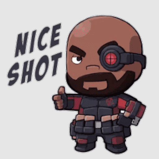 Chibi-style bald warrior with red cybernetic eye, giving thumbs-up beside "NICE SHOT" text.
