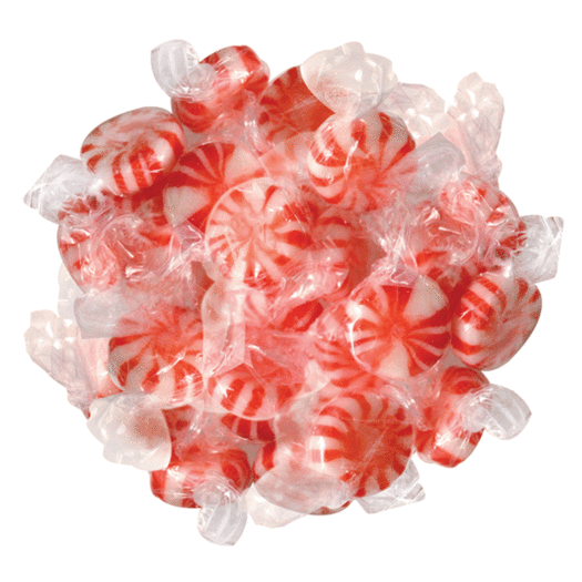A pile of red-and-white striped peppermint candies wrapped in clear cellophane.