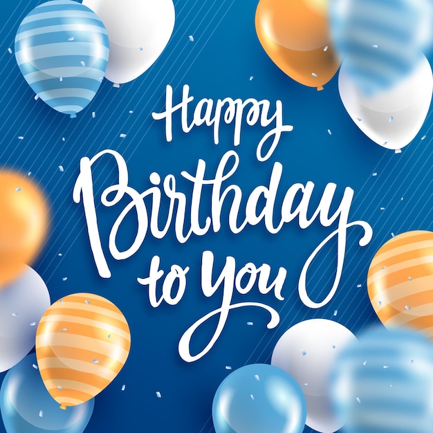 Blue birthday card with striped balloons and "Happy Birthday to You" in white script on a navy background with confetti.
