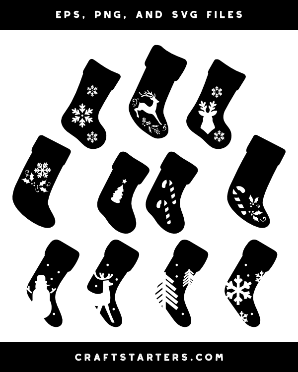 Collection of 10 black Christmas stocking silhouettes with white festive patterns including snowflakes, reindeer, trees, candy canes, and snowmen.