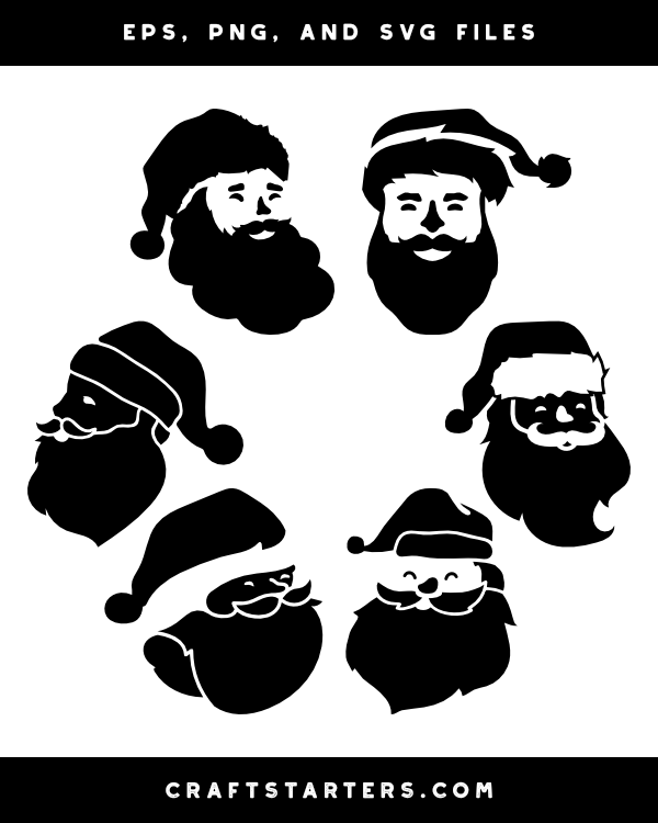 Six black-and-white Santa Claus face silhouettes in various poses and expressions, designed as vector clipart.