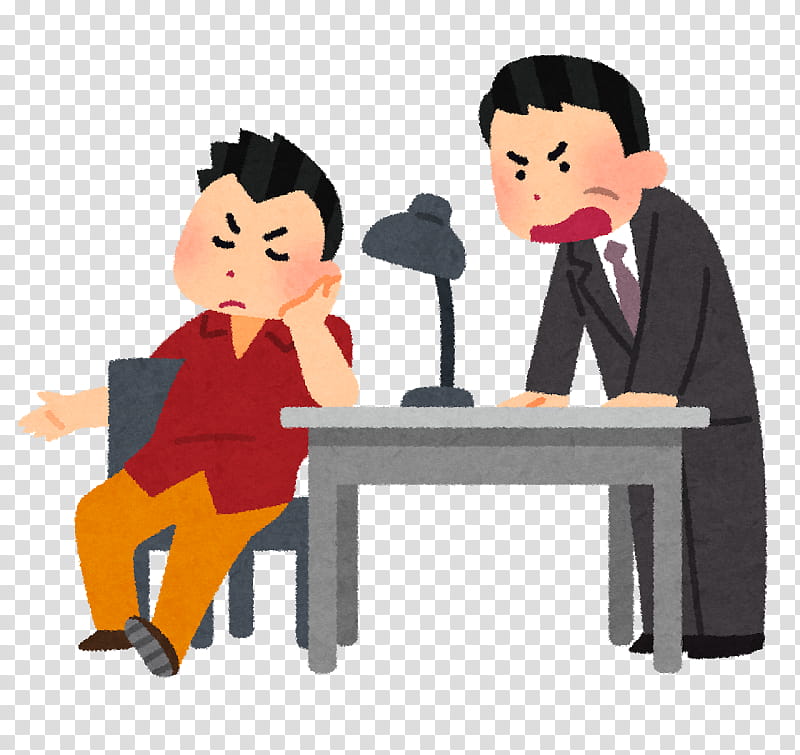 A stern businessman in a suit scolds a slouching, frustrated young man seated at a desk with a lamp between them.