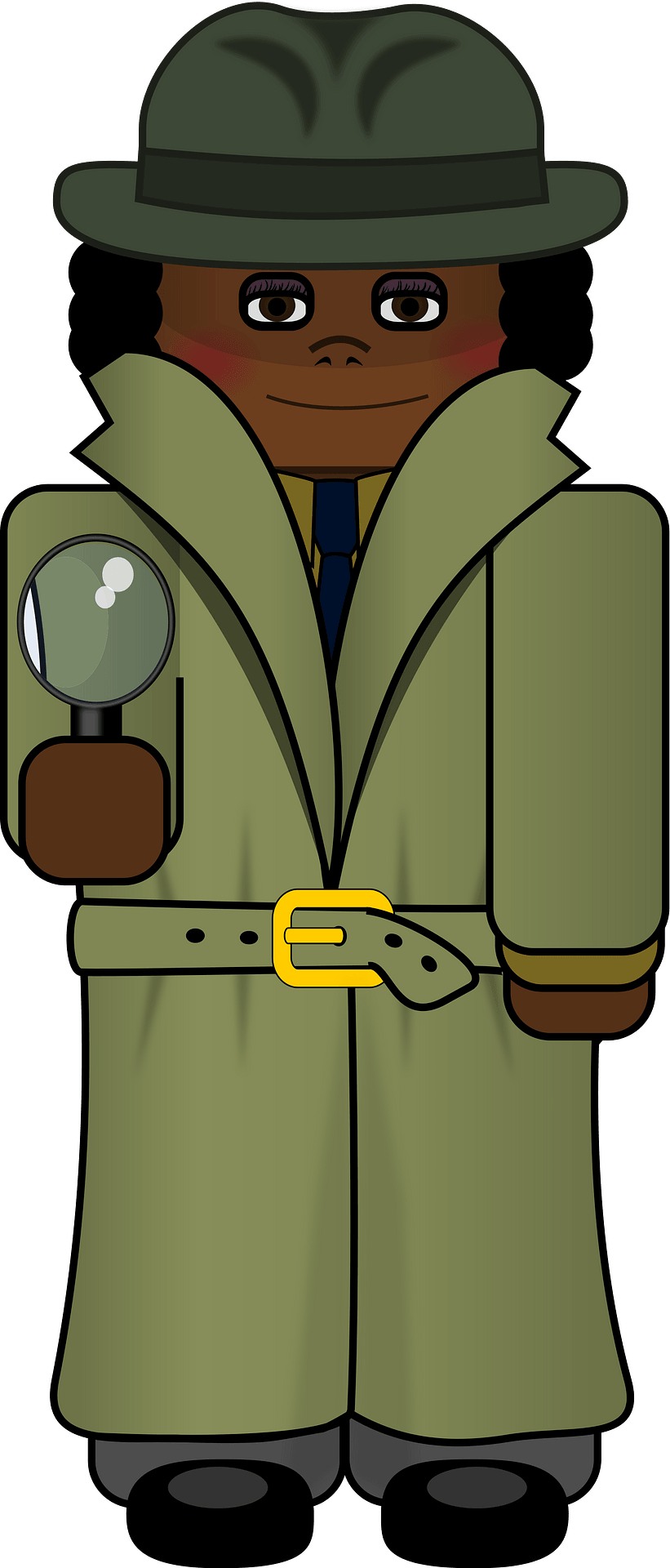 A cartoon detective with dark skin, wearing a green trench coat, fedora, and holding a magnifying glass.
