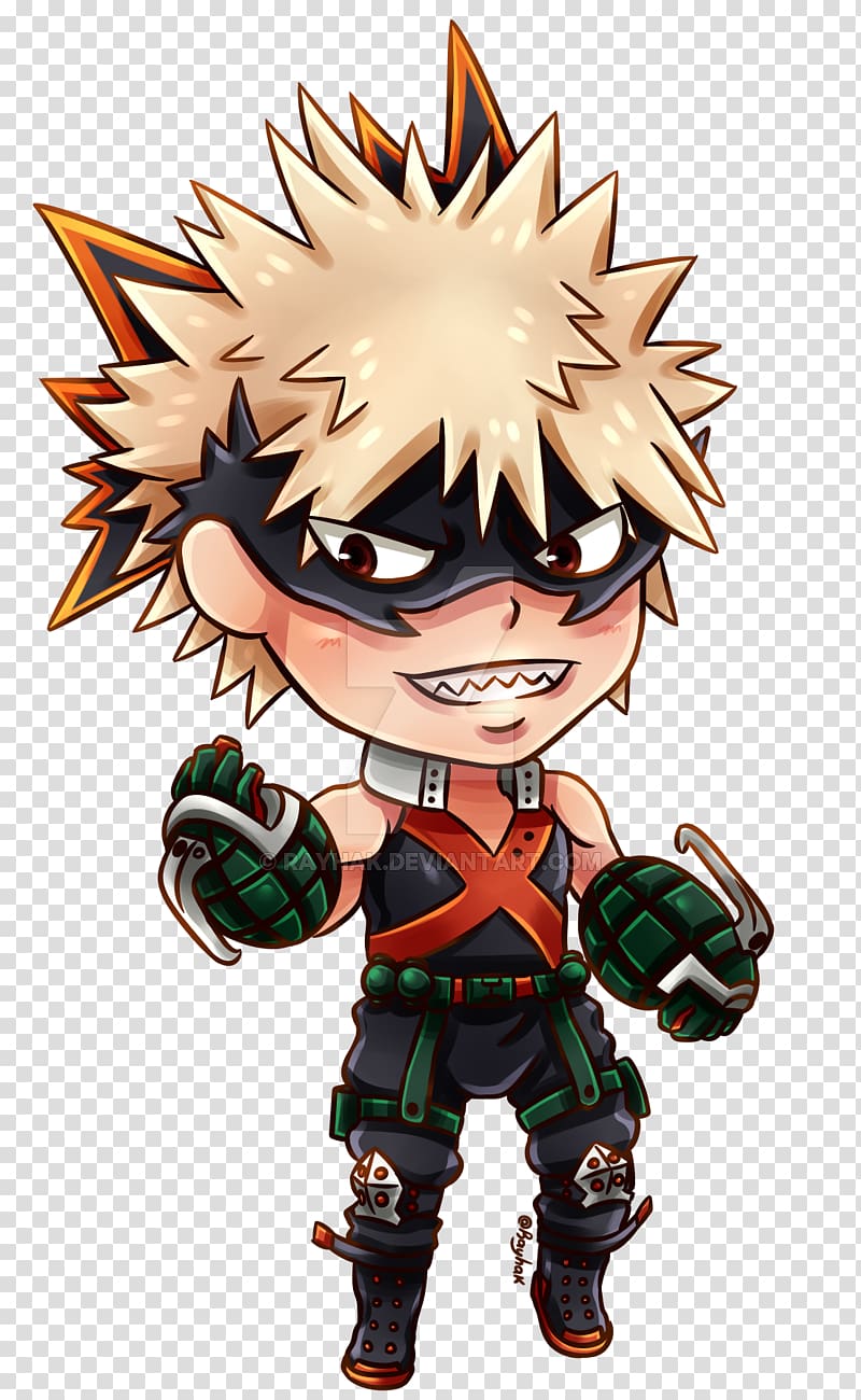 Chibi-style Katsuki Bakugo from My Hero Academia, spiky blond hair, black mask, green grenade gloves, aggressive grin.