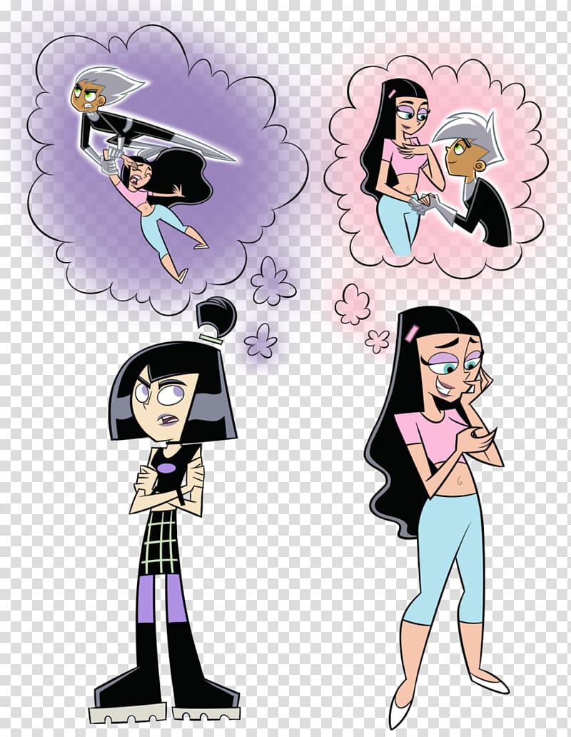 Two animated female characters-Sam and Paulina-from Danny Phantom, each imagining contrasting scenarios with Danny: one action-packed, one romantic.