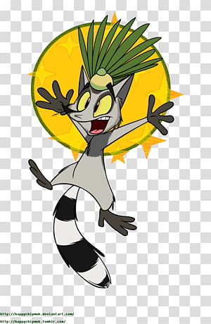 Animated lemur with spiky green hair, wide eyes, and striped tail against a yellow sunburst background.