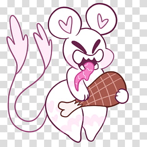 A cute, angry pink mouse with heart-shaped ears holding a chocolate-covered bone and licking it.