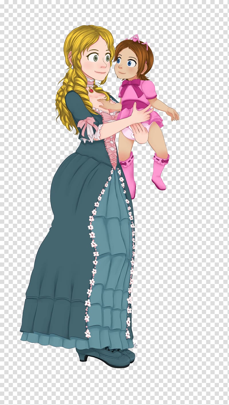 A blonde woman in a teal Victorian gown holds a smiling toddler in pink, both looking joyful against a transparent background.