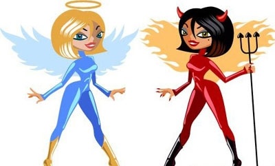 Cartoon angel in blue suit with wings and halo stands beside a devil in red suit with horns, tail, and trident.