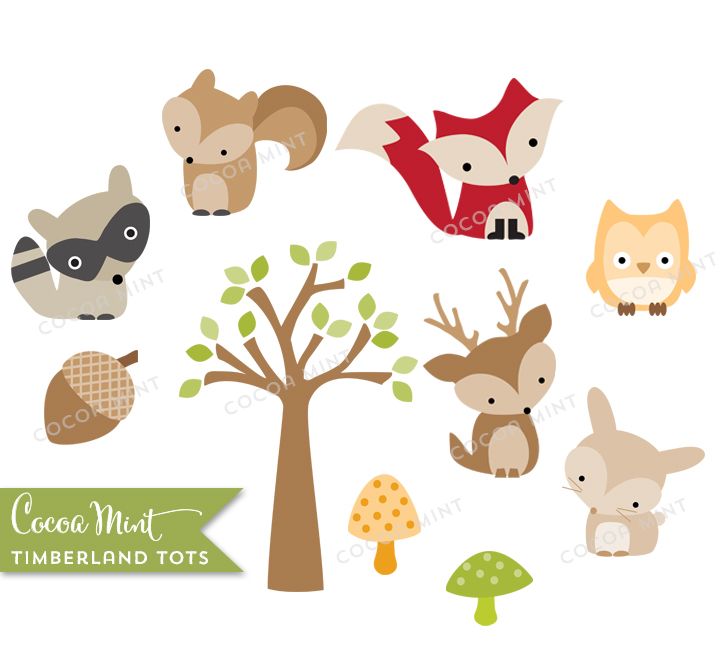 Cute woodland animal clipart set including fox, raccoon, squirrel, deer, owl, rabbit, tree, acorn, and mushrooms by Cocoa Mint.