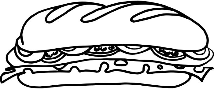 Black-and-white line drawing of a classic submarine sandwich with lettuce, tomato, and meat layers.